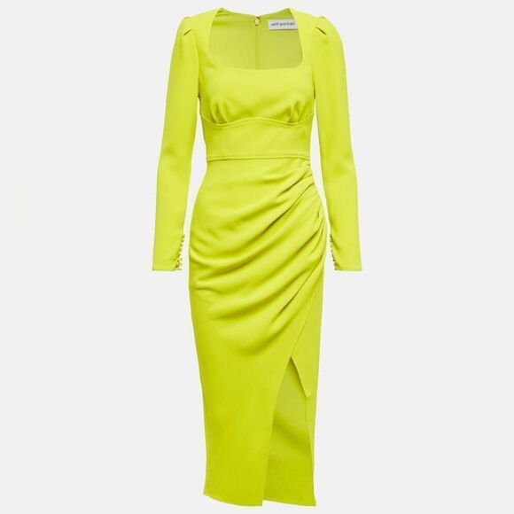 NWT Self-Portrait Lime Crepe Ruched Midi Dress - Picture 1 of 16